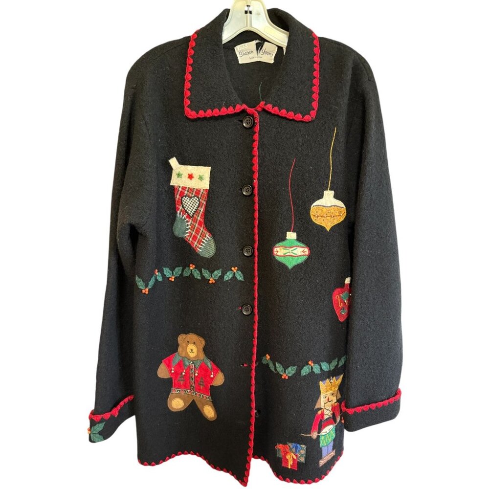 Vtg Sharon Young Black Wool Christmas Cardigan Santa Bear Button Down Hong Kong